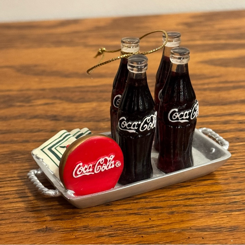 Vintage 2002 Coca Cola Miniature Bottles on Tray with Red Sign Ornament Figurine